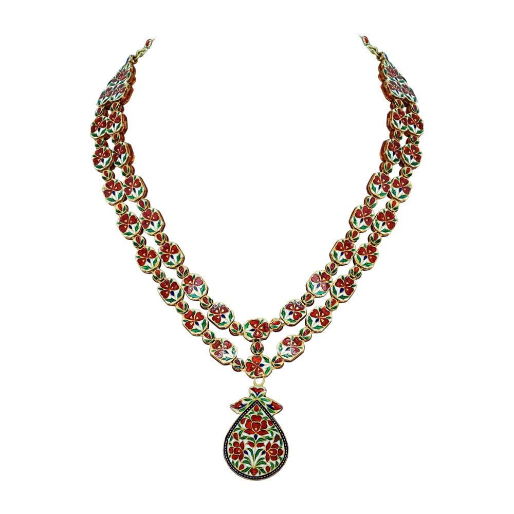 Double-Layer Polki Necklace with Red Enamel and Floral Pendant